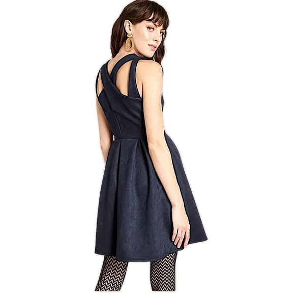 ModCloth Jessy B Mini Dress Pleate Navy Faux Suede Fit & Flare Skater Size Small - Picture 12 of 12